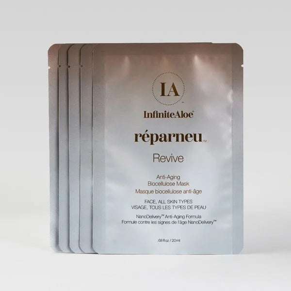 a five pack of infinite aloe revive face mask made from biocellulose
